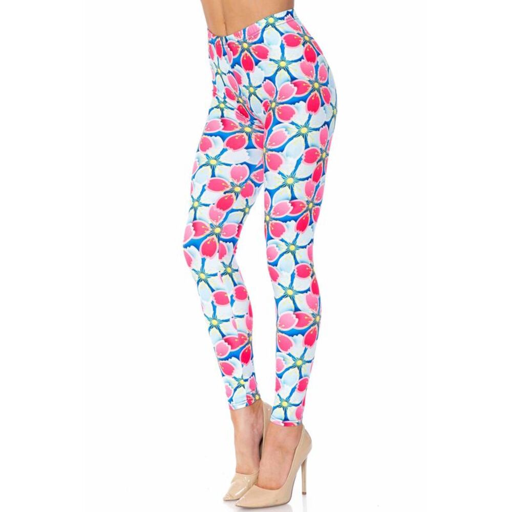Creamy Soft Pink and Blue Sunshine Floral Extra Plus Size Leggings - 3X-5X - USA
